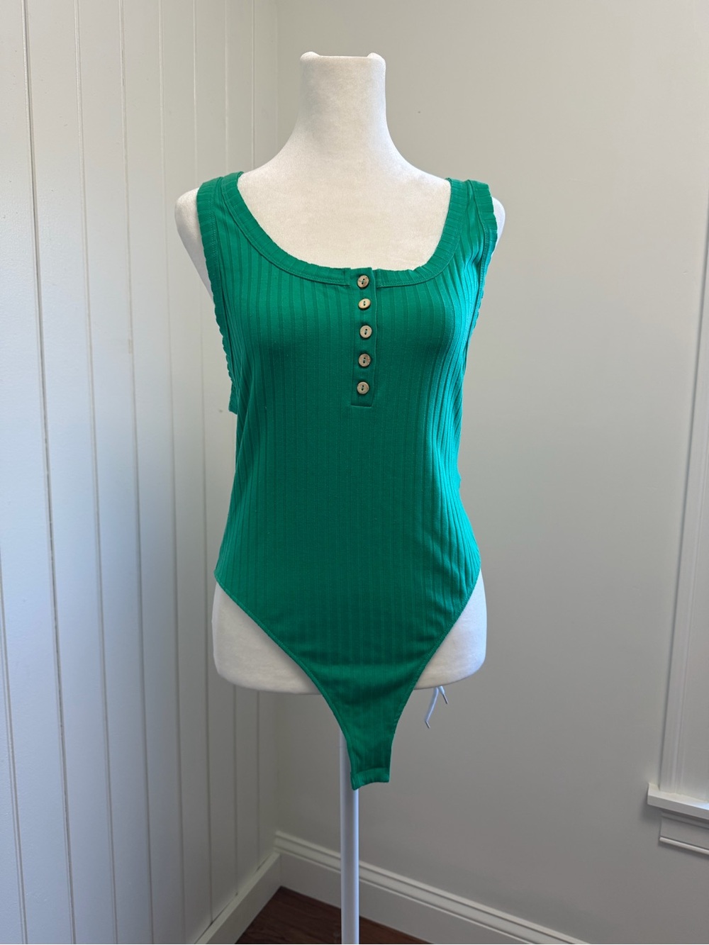 Free People Emerald Green Ribbed Button-Front Bodysuit